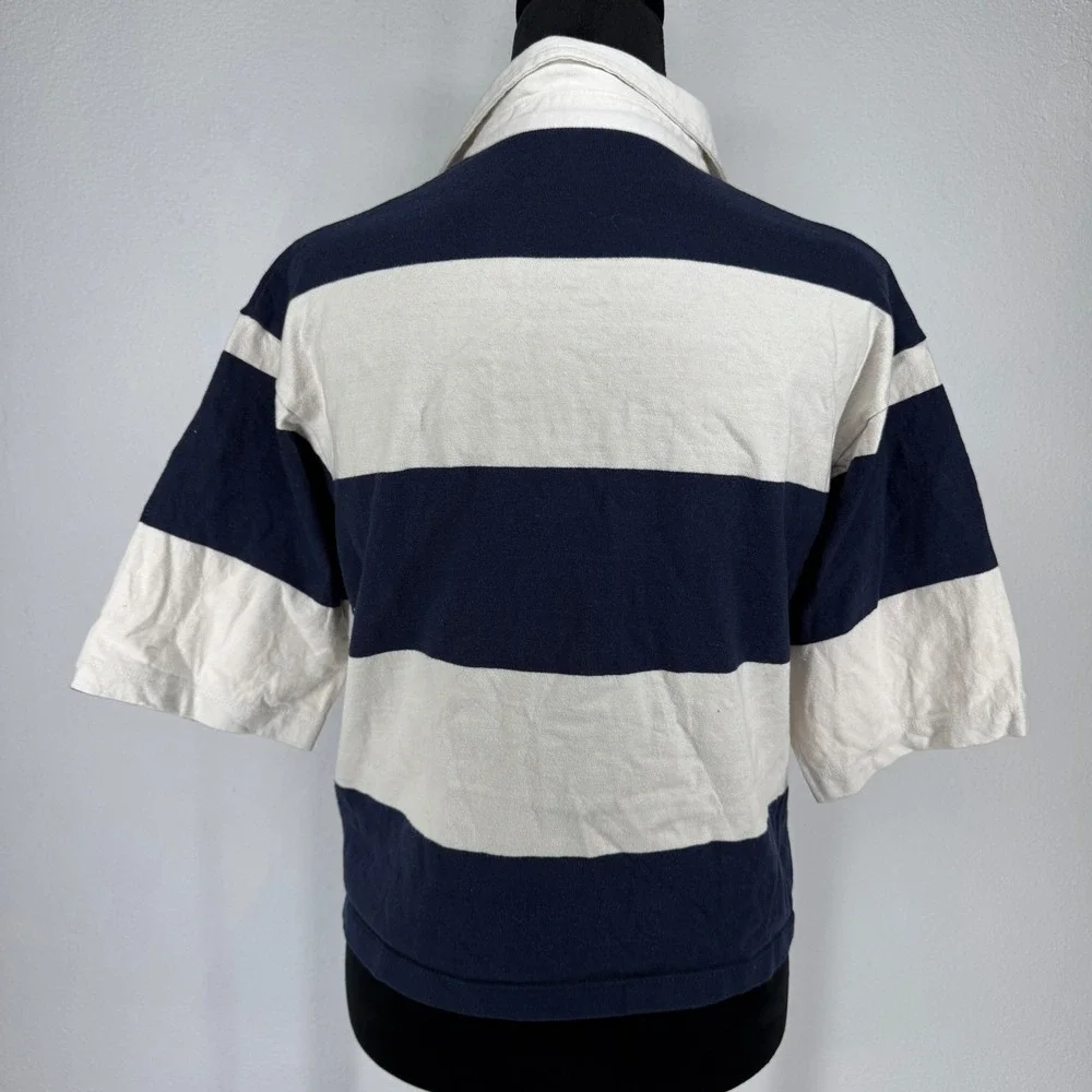 American Eagle Women Rugby Polo Shirt Navy Big Stripe Cropped Academia M Baggy - Picture 6 of 7